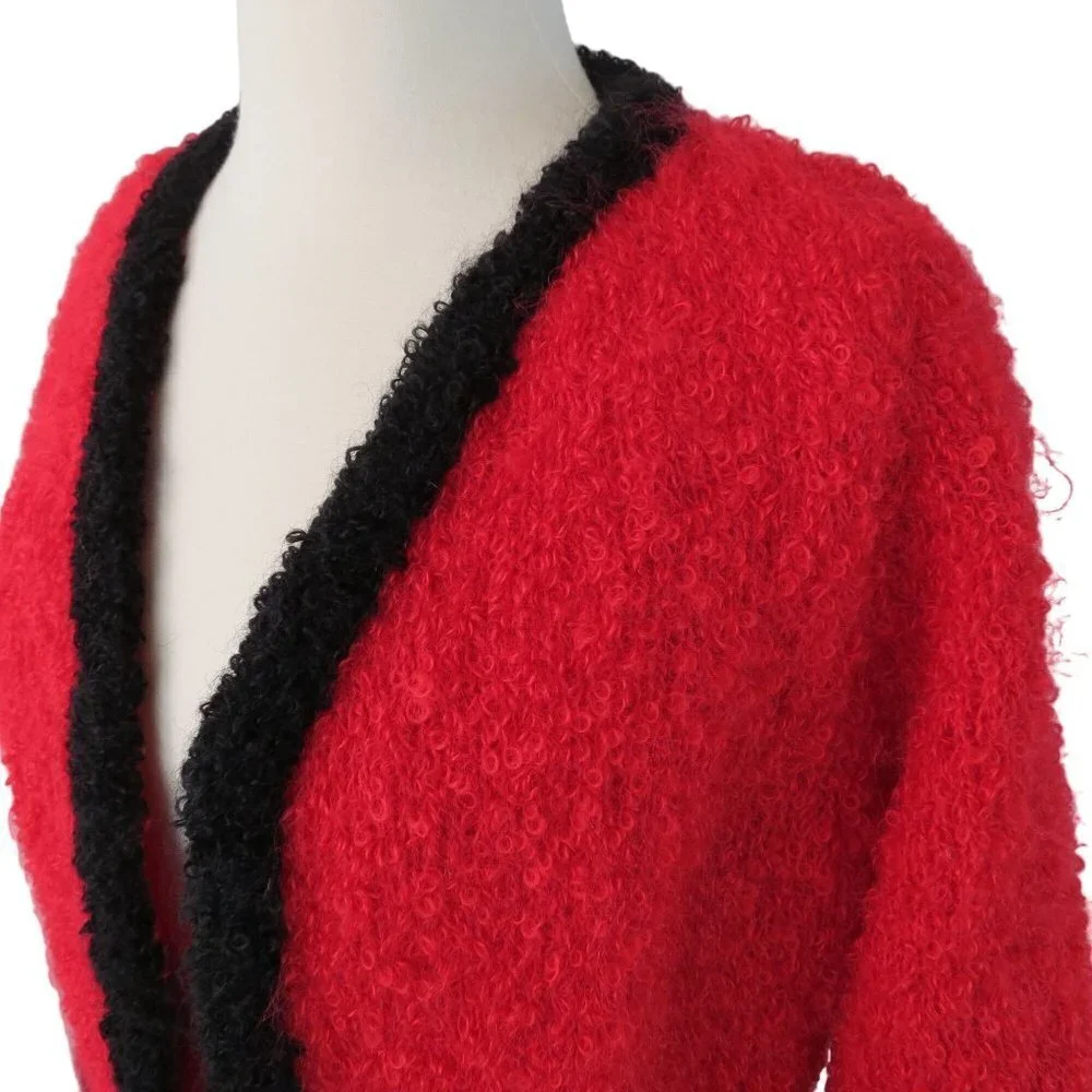 VINTAGE Women's Red & Black Fuzzy Boucle Suit with Dress & Boxy Jacket S-M
